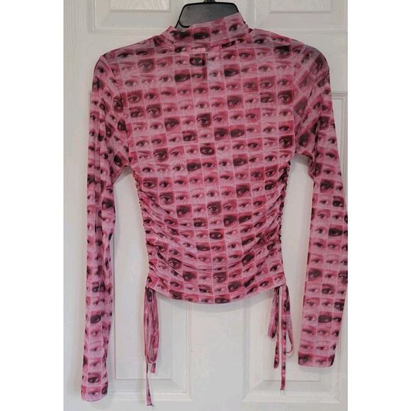 The Ragged Priest High Neck Cropped Ruched Longsleeve Pink Sheer Top Sz 8 - Picture 4 of 7